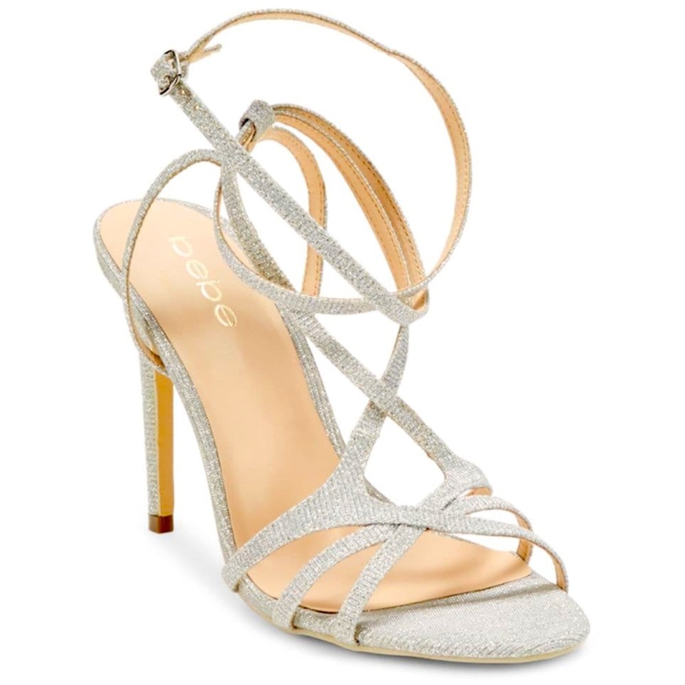 NEW BEBE Metallic Size 8 Silver Strappy Stiletto Heels
